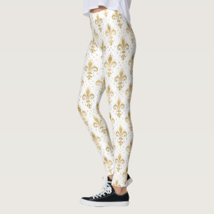 Goldene Fleur-de-lis-Nahtlosmuster auf Weiß Leggings