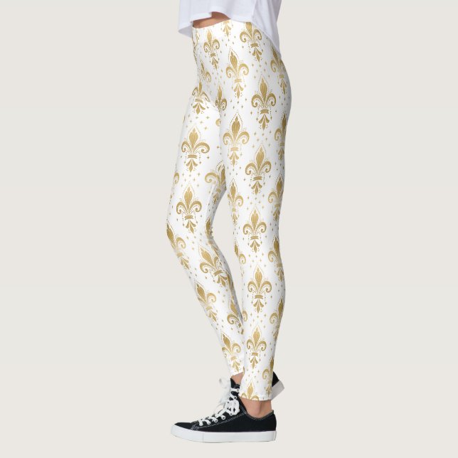 Goldene Fleur-de-lis-Nahtlosmuster auf Weiß Leggings (Links)