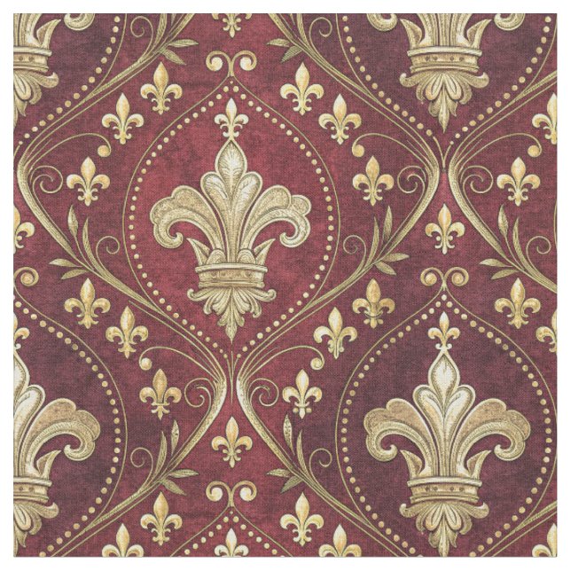 Goldene Fleur-de-lis roter Samt königliches Design Stoff (Nahaufnahme)