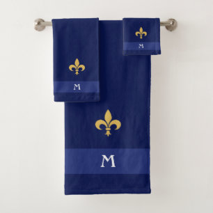Goldene Fleur-de-Lis und Monogramm auf Navyblau Badhandtuch Set