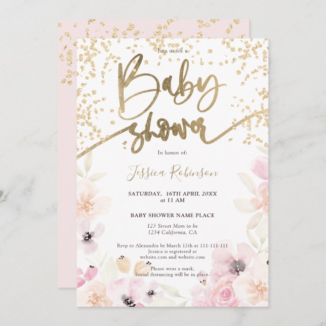 Goldene florale Aquarellfarbe Girl-Rosa Babydusche Einladung (Vorne/Hinten)