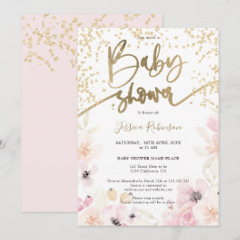 Goldene florale Aquarellfarbe Girl-Rosa Babydusche Einladung