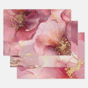 Goldene Florale Blatt-Röte Rosa  Brautdusche Geschenkpapier Set