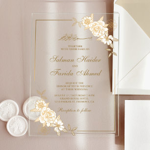 Goldene florale Blätter Zweig Muslimische Hochzeit Acryleinladungen