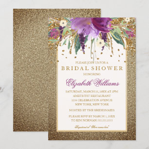 Goldene florale funkelnde Amethyst Brautparty Einladung