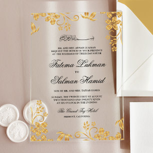 Goldene florale islamische muslimische Hochzeit Acryleinladungen