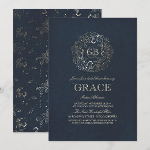 Goldene florale Monogramm Vintage-Navy-Junggeselli Einladung