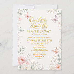 Goldene florale Schmetterlings-Baby-Party Einladung