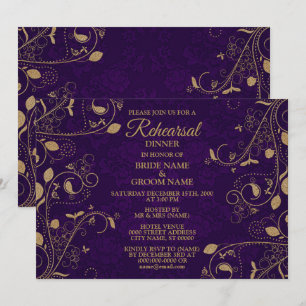 Goldene Florale Violette Hochzeitsprobe Abendessen Einladung