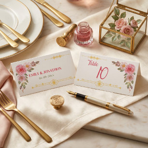 Goldene Florale Wasserfarben-Hochzeit Platzkarte