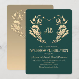 Goldene Floralmonogramm Smaragdhochzeit Einladung
