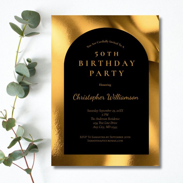 Goldene Foil Black Men's Modern Arch 50. Geburtsta Einladung (Black with gold foil 50th birthday invitation for him or her. Simple Classic)