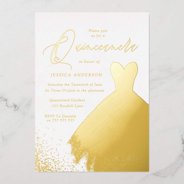 Goldene Foil Dress Elegantes Golden Quinceanera Pa Folieneinladung (Vorderseite)