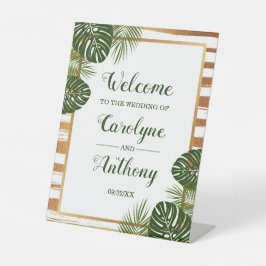 Goldene Foil & Green Palm Leaf Beach Begrüßung Sockelschild