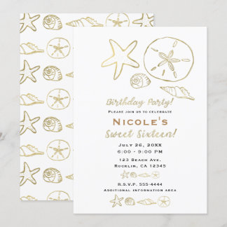 Goldene Foil Look Muscheln Chic Beach Sweet 16 Einladung