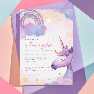 Goldene Foil Magical Lila Unicorn Girls Geburtstag Folieneinladung