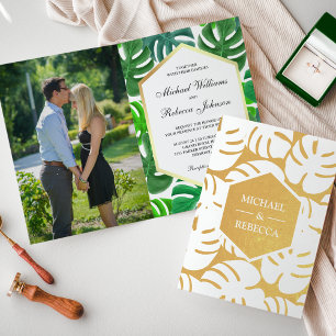 Goldene Foil Monstera Tropische Hochzeit Einladung