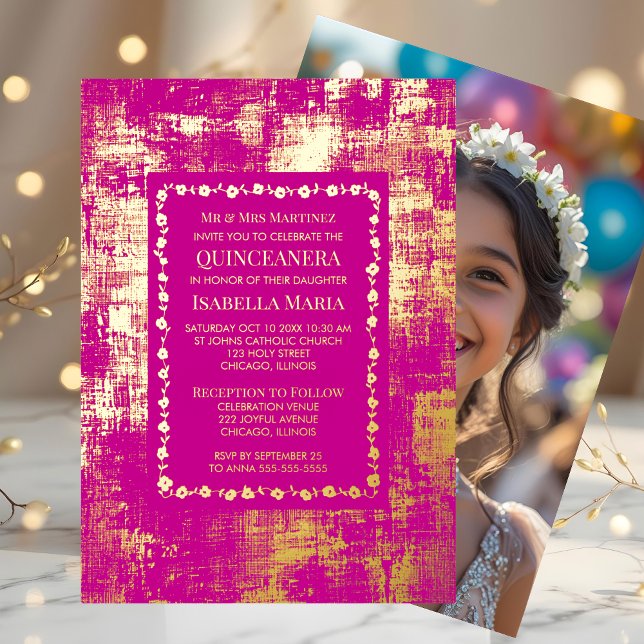 Goldene Foil Quinceañera Einladung Glam Pink Spark (Von Creator hochgeladen)