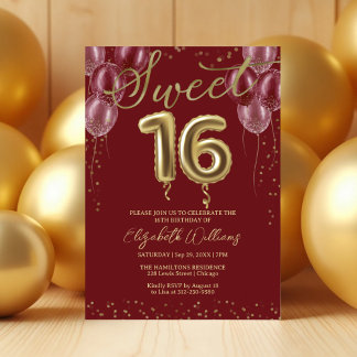 Goldene Foil Süße 16 Geburtstagsballons Burgund Einladung