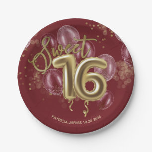Goldene Foil Süße 16 Geburtstagsballons Burgund Pappteller