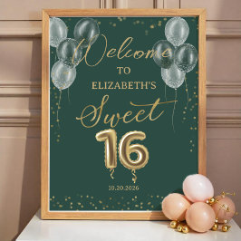 Goldene Foil Sweet 16 Balloons Grün Willkommenszei Poster