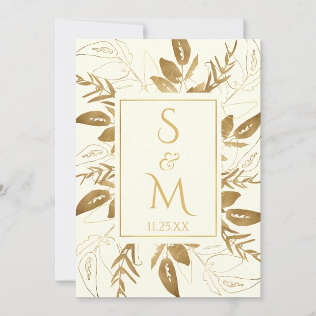 Goldene Foliage | Elegant Gold Ivory White Wedding Einladung (Vorderseite)