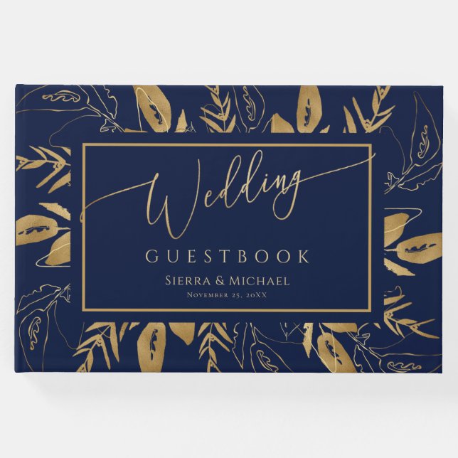 Goldene Foliage | Elegante Gold Navy Blue Wedding Gästebuch (Vorderseite)