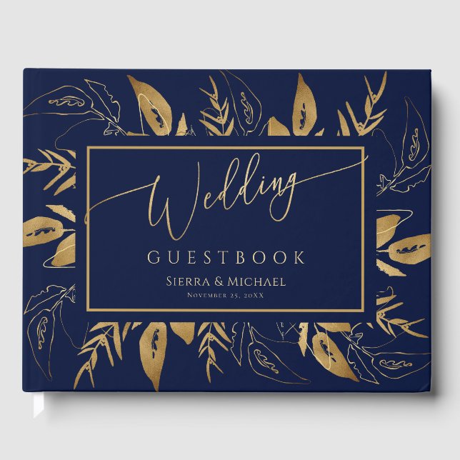 Goldene Foliage | Elegante Gold Navy Blue Wedding Gästebuch (Vorderseite)