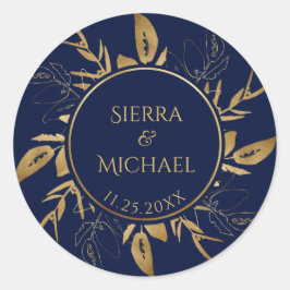 Goldene Foliage | Elegante Gold Navy Blue Wedding Runder Aufkleber