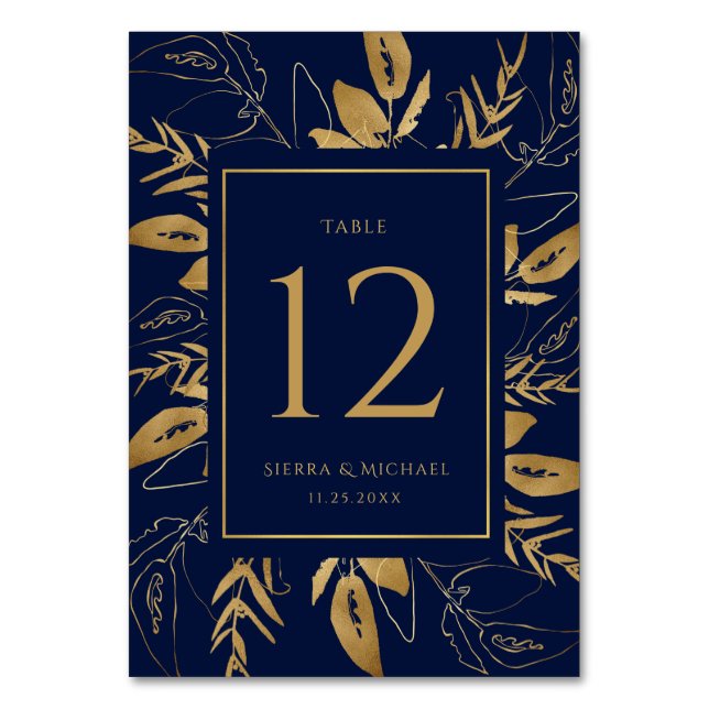 Goldene Foliage | Elegante Gold Navy Blue Wedding Tischnummer (Vorderseite)