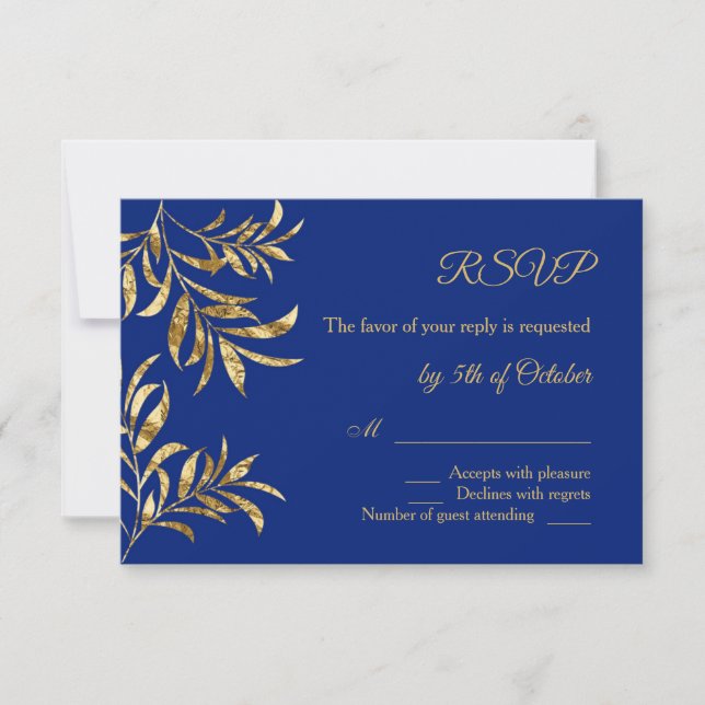 Goldene Folie Blätter auf blauem Hochzeitstich RSVP Karte (Vorderseite)