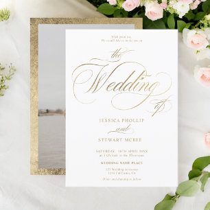 Goldene Foto-Kalligraphie-Hochzeit Einladung
