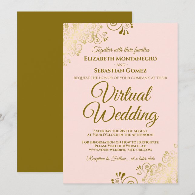 Goldene Frills in Rosa Elegant Virtual Wedding Einladung (Vorne/Hinten)