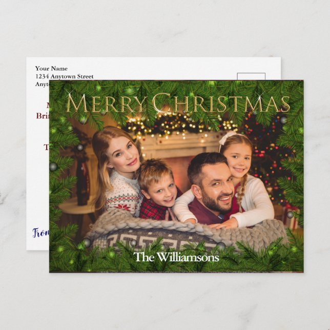 Goldene frohe Weihnachten im Pine-Foto Postkarte (Vorne/Hinten)