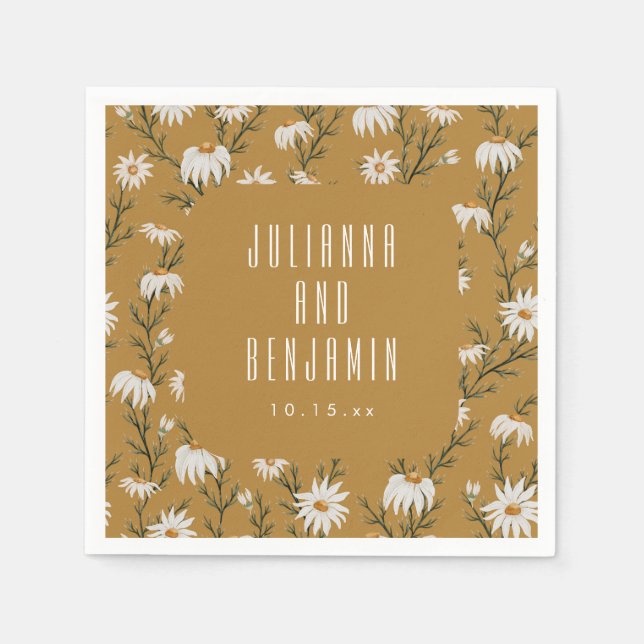 Goldene Gänseblümchen-Wildblumen-Boho-Hochzeitsblu Serviette (Vorderseite)