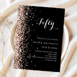Goldene Geburtstagsfeier der Black Rose<br><div class="desc">Für eine elegante 50. Geburtstagsfeier (oder jedes Alter). Ein klassischer schwarzer Hintergrund. Dekoriert mit Rose Gold Konfetti. Personalisieren und fügen Sie einen Namen und Party-Details hinzu. 1 Blatt = 1 Einladung mit Druckkante bis Kante.</div>