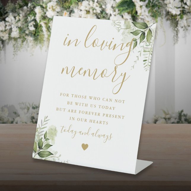 Goldene Gedächtnisfeier Sockelschild (Gold In Loving Memory Memorial Greenery Wedding Pedestal Sign)