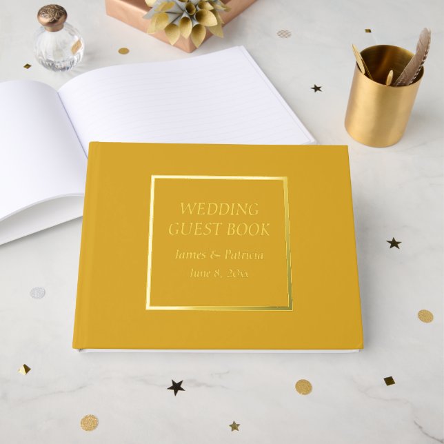Goldene gelbe, einfache, stilisierte Letterhochzei Gästebuch (Vorderseite offen)