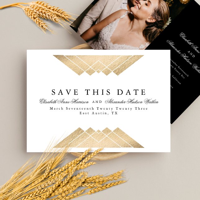 Goldene geometrische Gatsby Foil Save the Date Ann Ankündigung (Von Creator hochgeladen)