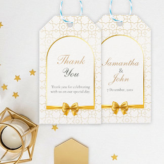 Goldene geometrische Schleifen-Hochzeitsgunst Geschenkanhänger