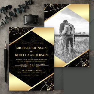 Goldene geometrische schwarze Marmor-Foto-Hochzeit Einladung