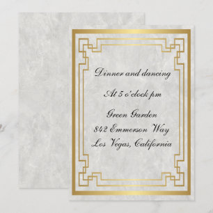 Goldene geometrische weiße Marmor-Hochzeitsempfang Einladung