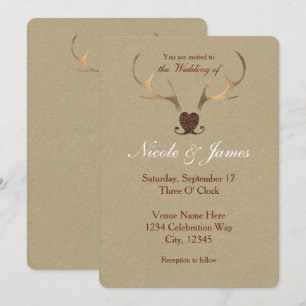 Goldene Geweihe & Braune Papierene Hochzeitseinlad Einladung