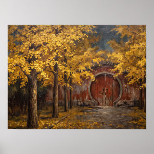 Goldene Ginkgobäume und rotes Mondtor Poster
