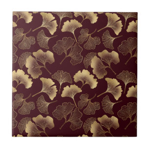 Goldene Ginkgoblätter auf Rot Elegant Botanisch (1 Fliese