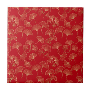 Goldene Ginkgoblätter auf Rot Elegante Botanik (4) Fliese
