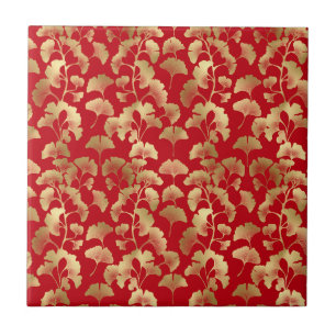 Goldene Ginkgoblätter auf Rot Elegante Botanik (5) Fliese