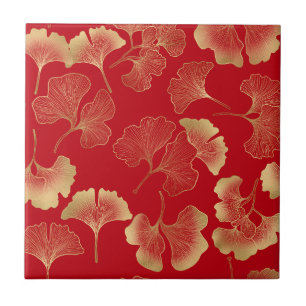 Goldene Ginkgoblätter auf Rot Elegante Botanik (7) Fliese