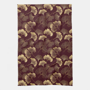 Goldene Ginkgoblätter auf roter eleganter Botanik Geschirrtuch