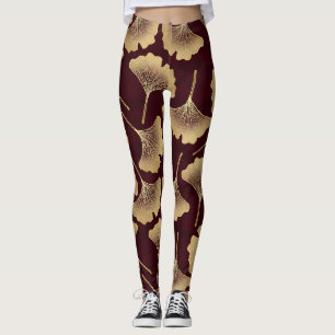 Goldene Ginkgoblätter Burgunder Botanisches Muster Leggings